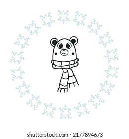 Cute doodle Christmas mandala with beautiful snowflakes and a cute teddy bear on white background. Hand drawn vector illustration for coloring page and artbooks for adults and kids.