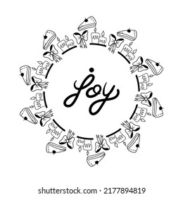 Cute doodle Christmas mandala with a delicious cake, candles and a beautiful bow, as well as a cute inscription on white background. Hand drawn vector illustration for coloring page and artbooks 