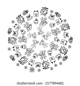 Cute doodle Christmas mandala with fir tree, candle, toys, balls, lollipop, sweets and gift box on white background. Hand drawn vector illustration for coloring page and artbooks for adults and kids.