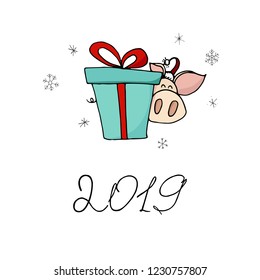 Cute doodle christmas piggy with a gift box. Symbol of 2019 year. Winter holidays. Christmas and new year calligraphy. Hand written modern brush lettering. Hand drawn design elements. Festive card.