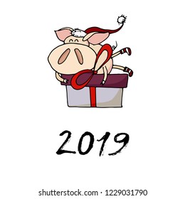 Cute doodle christmas piggy with present gift. Symbol of 2019 year. Winter holidays. Christmas and new year calligraphy. Hand written modern brush lettering. Hand drawn design elements. Festive card.