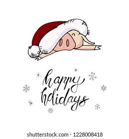 Cute doodle christmas piggy with a santa hat. Symbol of 2019 year. Winter holidays. Christmas and new year calligraphy. Hand written modern brush lettering. Hand drawn design elements. Festive card.