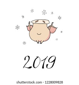 Cute doodle christmas piggy with snowflakes. Symbol of 2019 year. Winter holidays. Christmas and new year calligraphy. Hand written modern brush lettering. Hand drawn design elements. Festive card.