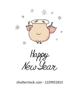 Cute doodle christmas piggy with snowflakes. Symbol of 2019 year. Winter holidays. Christmas and new year calligraphy. Hand written modern brush lettering. Hand drawn design elements. Festive card.