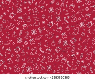 Cute doodle Christmas seamless pattern with different party decoration on the red background.