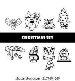 Cute doodle christmas set with fir tree, candle, toys, balls, lollipop, sweets and gift box. Hand drawn winter vector illustration for seasonal design.