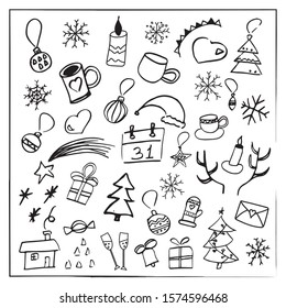 Cute doodle christmas set with garland, lights, toys, balls, lollipop, sweets, gift box and snowflakes. Hand drawn winter vector illustration for seasonal design. 