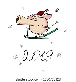Cute doodle christmas skiing piggy in santa hat. Symbol of 2019 year. Winter holidays. Christmas and new year calligraphy. Hand written modern brush lettering. Hand drawn design elements. Festive card