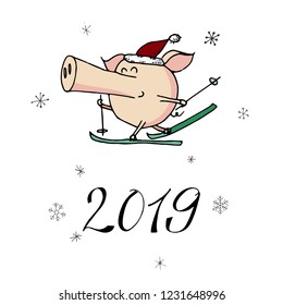 Cute doodle christmas skiing piggy in santa hat. Symbol of 2019 year. Winter holidays. Christmas and new year calligraphy. Hand written modern brush lettering. Hand drawn design elements. Festive card