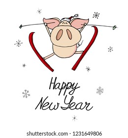 Cute doodle christmas skiing piggy in santa hat. Symbol of 2019 year. Winter holidays. Christmas and new year calligraphy. Hand written modern brush lettering. Hand drawn design elements. Festive card