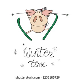 Cute doodle christmas skiing piggy in santa hat. Symbol of 2019 year. Winter holidays. Christmas and new year calligraphy. Hand written modern brush lettering. Hand drawn design elements. Festive card
