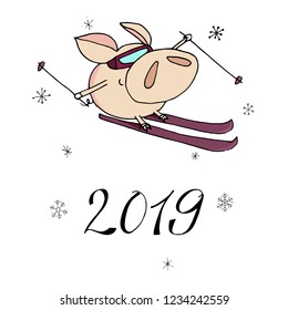 Cute doodle christmas skiing piggy. 2019 year symbol. Winter holidays. Winter sports. Christmas and new year calligraphy. Hand written modern brush lettering. Hand drawn design elements. Festive card.