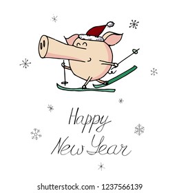 Cute doodle christmas skiing piggy in santa hat. Symbol of 2019 year. Winter holidays. Christmas and new year calligraphy. Hand written modern brush lettering. Hand drawn design elements. Festive card