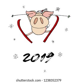 Cute doodle christmas skiing piggy in santa hat. Symbol of 2019 year. Winter holidays. Christmas and new year calligraphy. Hand written modern brush lettering. Hand drawn design elements. Festive card