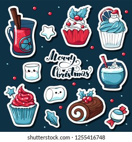 Cute doodle Christmas stickers in cartoon style. Vector hand drawn images of candy, marshmallow, christmas log, mulled wine, cacao, stars. Merry christmas lettering.