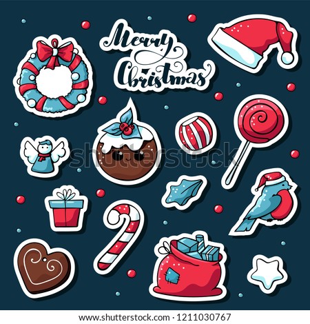 Cute doodle christmas stickers. Vector hand drawn images of candy, candles, star, gift, santa Claus hat, сhristmas cake, gingerbread. Merry christmas lettering.