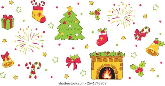 Cute doodle Christmas vector collection featuring stockings, stars, ribbons, bells, and a holiday fireplace

