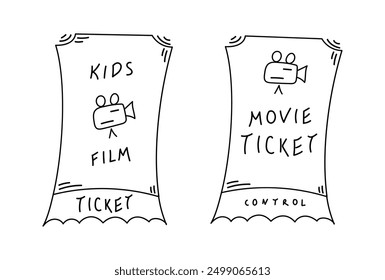 Cute doodle cinema ticket on kids film. Hand drawn movie ticket. Vector illustration