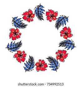 Cute Doodle circle floral frames, beautiful tropical vector illustration. Wreath design elements for wedding invitations, posters, web, postcards