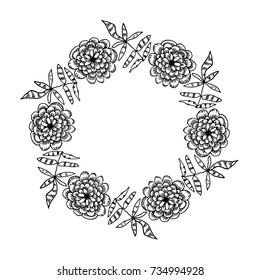 Cute doodle circle floral frames, beautiful black and white vector illustration. Wreath design elements for wedding invitations, posters, web, postcards