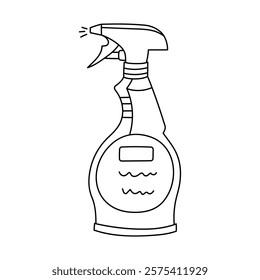 Cute doodle cleaning spray bottle to wash windows, bathroom plumbing, toilet. Hand drawn dispenser bottle to sanitize and spraying detergent agent. Funny outline sketch isolated on white background.