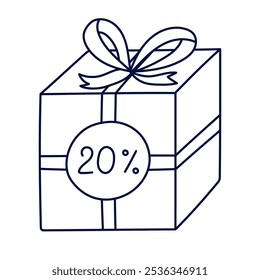 Cute doodle closed gift box with 20 percent discount label, bow and ribbon. Present clipart for Black Friday sale, holiday price off, promo offers. Hand drawn gift with outline isolated on white