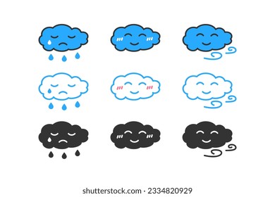 Cute doodle cloud icon isolated on light background. Weather symbol. Character, happy and sad emotions, rainy, wind. Flat design for web UI. Vector illustration.