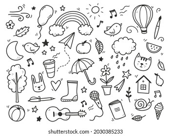 Cute doodle with cloud, rainbow, sun, animal element. Hand drawn line children style. Doodle background vector illustration.