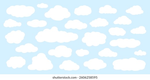 Cute doodle cloud set. White freeform clouds on blue sky background.  Fluffy and puffy cloudy shapes 