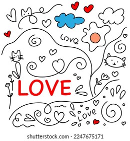 doodle lindo con nubes y gatos, amor