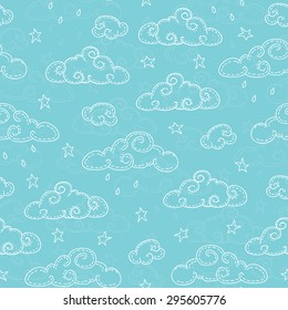Cute doodle clouds seamless background. Hand drawn vector illustration.