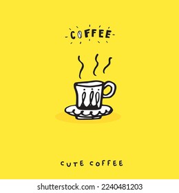 Cute doodle coffee cup , Hand drawn of coffee cup ,Hand drawing coffee cup,  isolated on yellow background. vector illustration 