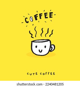 Cute doodle coffee cup , Hand drawn of coffee cup ,Hand drawing coffee cup,  isolated on yellow background. vector illustration 