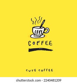 Cute doodle coffee cup , Hand drawn of coffee cup ,Hand drawing coffee cup,  isolated on yellow background. vector illustration 
