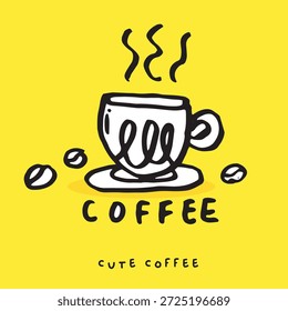Taza de café del doodle lindo, dibujado a mano de la taza de café, taza de café del dibujo de la mano, aislado en fondo amarillo. Ilustración vectorial 