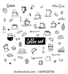 Cute doodle coffee shop icons. Coffee and tea drawings for cafe menu, stickers, design. Isolated on white background