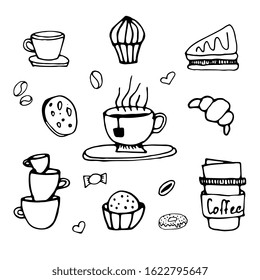 Cute doodle coffee shop icons. Tea, cupcake, sandwich, croissant, cookies. Coffee and tea drawings for cafe menu, stickers, design. Isolated on white background