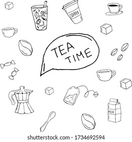 Cute doodle coffee shop icons. Croissant, donut, cookies, cupcake. Coffee and tea drawings for cafe menu, stickers, design. Isolated on white background