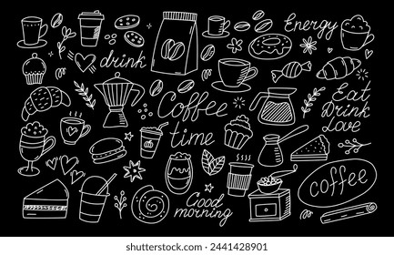 Cute doodle coffee shop icons. vector outline hand drawn for coffee and bakery for cafe menu. Isolated on black background. drawing style