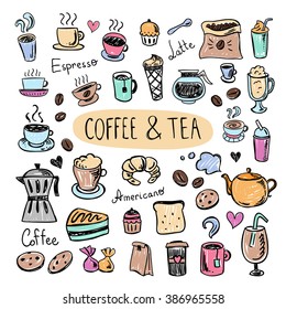 Cute doodle coffee shop icons. Vector sketch coffee and tea drawings for cafe menu