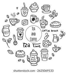 Cute doodle coffee and tea shop icons. Outline coffee and tea drawings for cafe menu