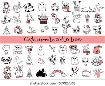 Cute doodle collection. Simple design of cute animals, birds, flowers and other design elements perfect for kid's card, banners, stickers and other kid's things.