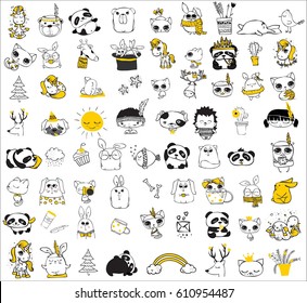 Cute doodle collection. Simple design of cute animals, birds, flowers and other design elements perfect for kid's card, banners, stickers and other kid's things.