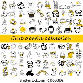 Cute doodle collection. Simple design of cute animals, birds, flowers and other design elements perfect for kid's card, banners, stickers and other kid's things.