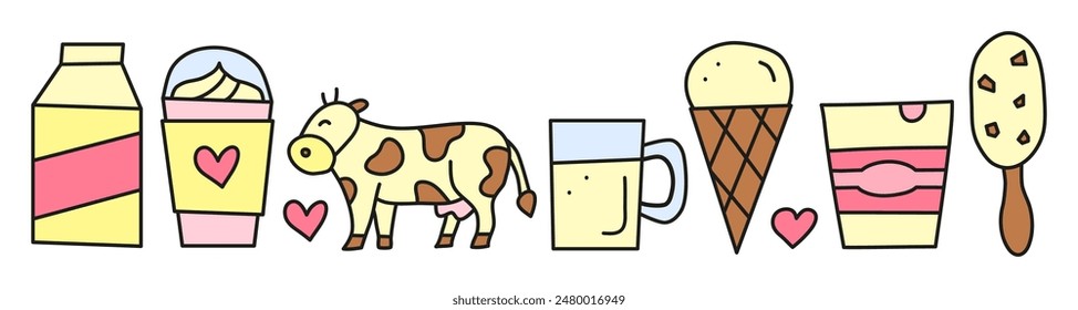 Cute doodle colored dairy products isolated on white background. Farm milk products and cow.