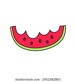 Cute doodle colored gnawed watermelon slice isolated on white background.