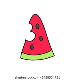 Nette doodle-farbene genagte Wassermelonenscheibe auf weißem Hintergrund isoliert.