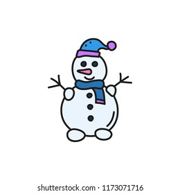 Cute doodle colored snowman isolated on white background.