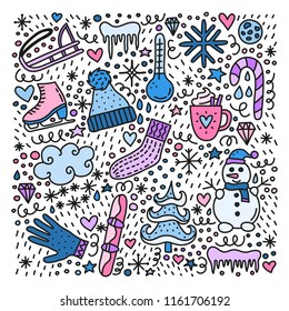 Cute doodle colored winter icons isolated on white background.