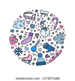 Cute doodle colored winter icons composed in circle shape.